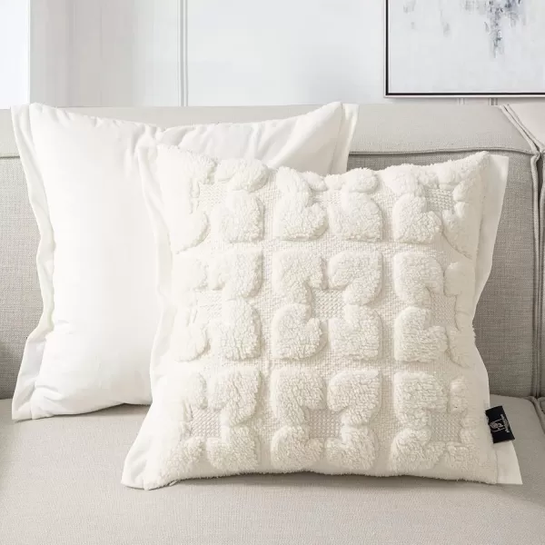 Phantoscope Pack of 2 Sherpa Solid Throw Decorative Pillow Cover Embroidery Decorative Faux Fur Fluffy Cushion Cases Soft Square Pillow Cases for BedroomCouchBeige18 x 18 InchesEmbroidered  Off White
