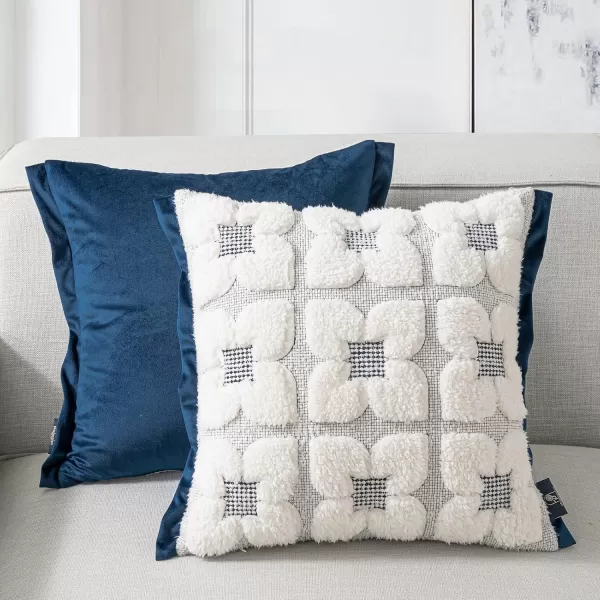 Phantoscope Pack of 2 Sherpa Solid Throw Decorative Pillow Cover Embroidery Decorative Faux Fur Fluffy Cushion Cases Soft Square Pillow Cases for BedroomCouchBeige18 x 18 InchesEmbroidered  Navy Blue