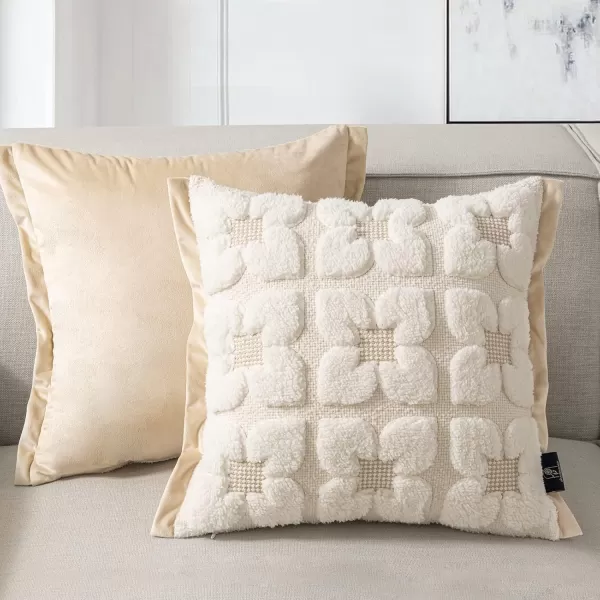 Phantoscope Pack of 2 Sherpa Solid Throw Decorative Pillow Cover Embroidery Decorative Faux Fur Fluffy Cushion Cases Soft Square Pillow Cases for BedroomCouchBeige18 x 18 InchesEmbroidered  Beige