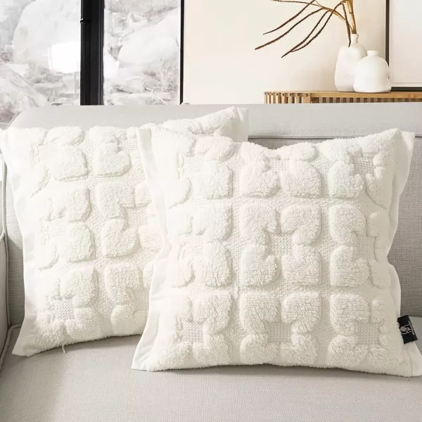 Phantoscope Pack of 2 Sherpa Solid Throw Decorative Pillow Cover Embroidery Decorative Faux Fur Fluffy Cushion Cases Soft Square Pillow Cases for BedroomCouchBeige18 x 18 InchesEmbroidered  Off White