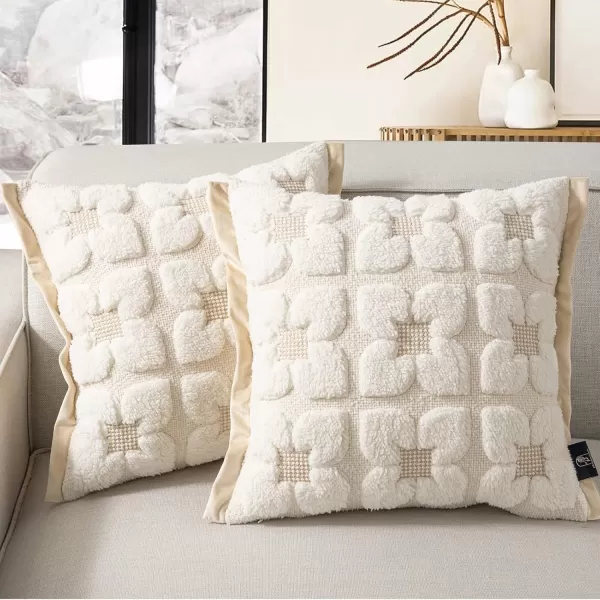 Phantoscope Pack of 2 Sherpa Solid Throw Decorative Pillow Cover Embroidery Decorative Faux Fur Fluffy Cushion Cases Soft Square Pillow Cases for BedroomCouchBeige18 x 18 InchesEmbroidered  Beige
