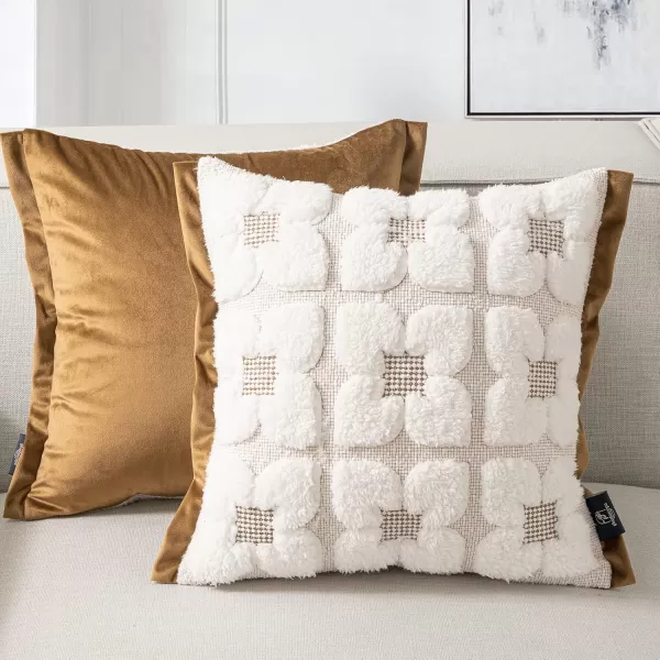 Phantoscope Pack of 2 Sherpa Solid Throw Decorative Pillow Cover Embroidery Decorative Faux Fur Fluffy Cushion Cases Soft Square Pillow Cases for BedroomCouchBeige18 x 18 InchesEmbroidered  Light Coffee