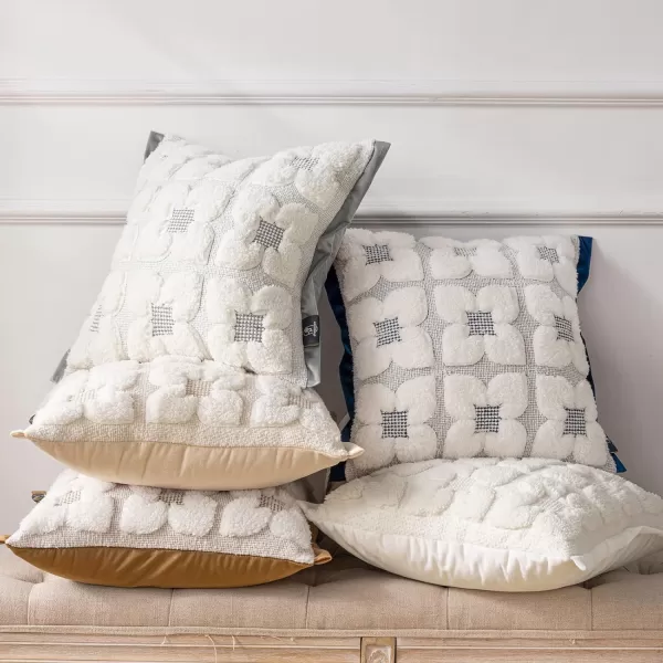 Phantoscope Pack of 2 Sherpa Solid Throw Decorative Pillow Cover Embroidery Decorative Faux Fur Fluffy Cushion Cases Soft Square Pillow Cases for BedroomCouchBeige18 x 18 InchesEmbroidered  Off White