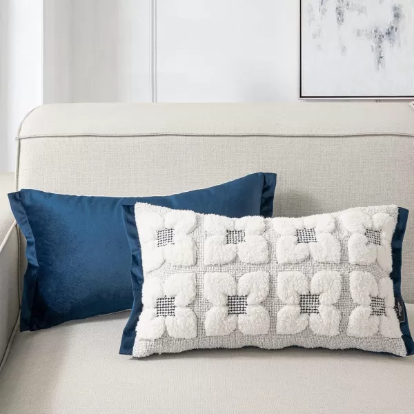 Phantoscope Pack of 2 Sherpa Solid Throw Decorative Pillow Cover Embroidery Decorative Faux Fur Fluffy Cushion Cases Soft Square Pillow Cases for BedroomCouchBeige18 x 18 InchesEmbroidered  Navy Blue