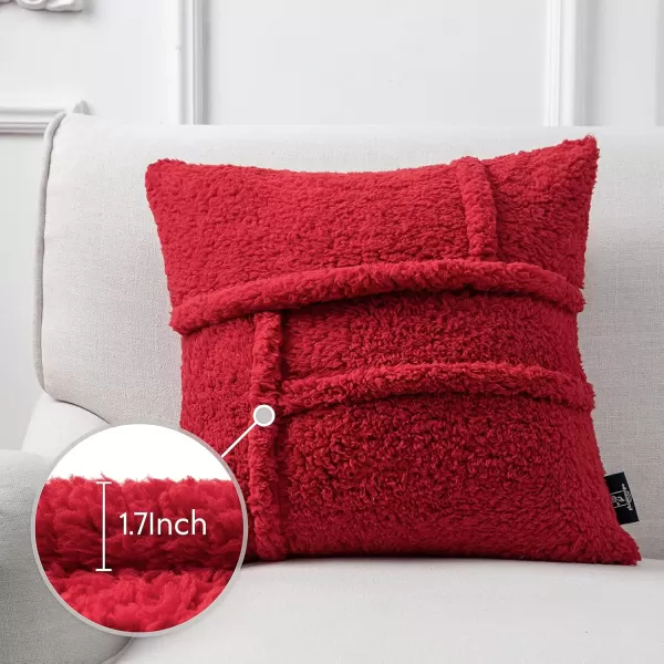 Phantoscope Pack of 2 Sherpa Throw Decorative Pillow Cover Decorative Faux Fur Fluffy Cushion Cases Soft Square Pillow Cases for BedroomCouch OffWhite Print 18 x 18 InchesRed