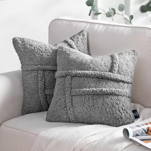 Phantoscope Pack of 2 Sherpa Throw Decorative Pillow Cover Decorative Faux Fur Fluffy Cushion Cases Soft Square Pillow Cases for BedroomCouch OffWhite Print 18 x 18 InchesLight Grey