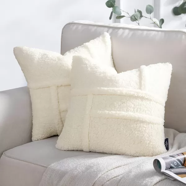 Phantoscope Pack of 2 Sherpa Throw Decorative Pillow Cover Decorative Faux Fur Fluffy Cushion Cases Soft Square Pillow Cases for BedroomCouch OffWhite Print 18 x 18 InchesOffwhite