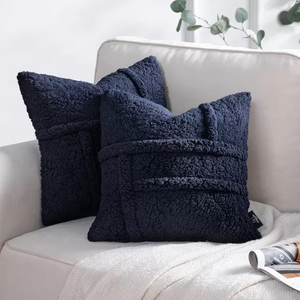 Phantoscope Pack of 2 Sherpa Throw Decorative Pillow Cover Decorative Faux Fur Fluffy Cushion Cases Soft Square Pillow Cases for BedroomCouch OffWhite Print 18 x 18 InchesNavy Blue