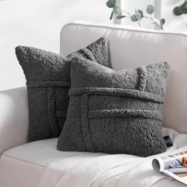 Phantoscope Pack of 2 Sherpa Throw Decorative Pillow Cover Decorative Faux Fur Fluffy Cushion Cases Soft Square Pillow Cases for BedroomCouch OffWhite Print 18 x 18 InchesDark Grey