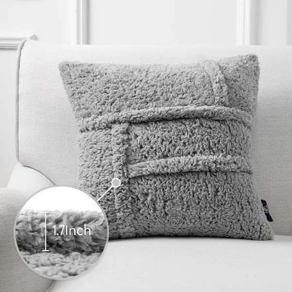 Phantoscope Pack of 2 Sherpa Throw Decorative Pillow Cover Decorative Faux Fur Fluffy Cushion Cases Soft Square Pillow Cases for BedroomCouch OffWhite Print 18 x 18 InchesLight Grey