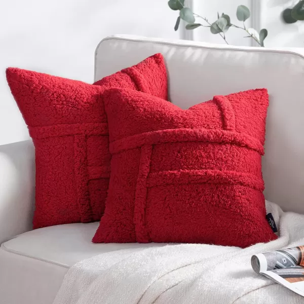 Phantoscope Pack of 2 Sherpa Throw Decorative Pillow Cover Decorative Faux Fur Fluffy Cushion Cases Soft Square Pillow Cases for BedroomCouch OffWhite Print 18 x 18 InchesRed