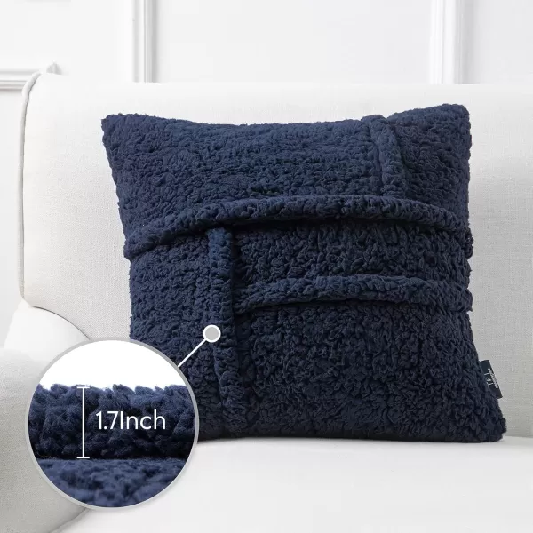 Phantoscope Pack of 2 Sherpa Throw Decorative Pillow Cover Decorative Faux Fur Fluffy Cushion Cases Soft Square Pillow Cases for BedroomCouch OffWhite Print 18 x 18 InchesNavy Blue