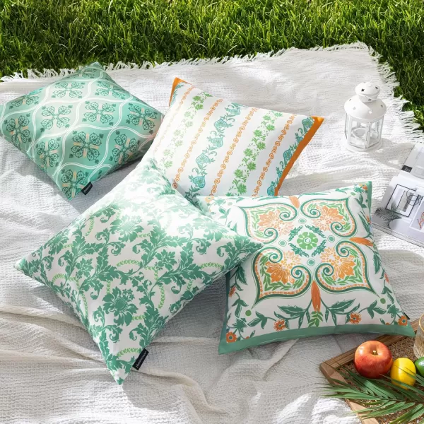 Phantoscope Pack of 4 Outdoor Pillows Waterproof Boho Geometric Outdoor Throw Pillow Covers Decorative Floral Patio Pillows Square Cushion Case for Couch Tent Sunbrella OrangeBlue 18x18 InchesLight TurquoiseOrange