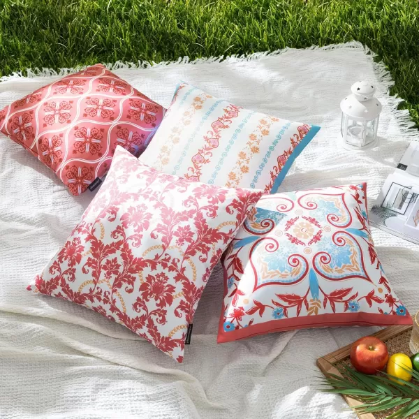 Phantoscope Pack of 4 Outdoor Pillows Waterproof Boho Geometric Outdoor Throw Pillow Covers Decorative Floral Patio Pillows Square Cushion Case for Couch Tent Sunbrella OrangeBlue 18x18 InchesPinkBlue