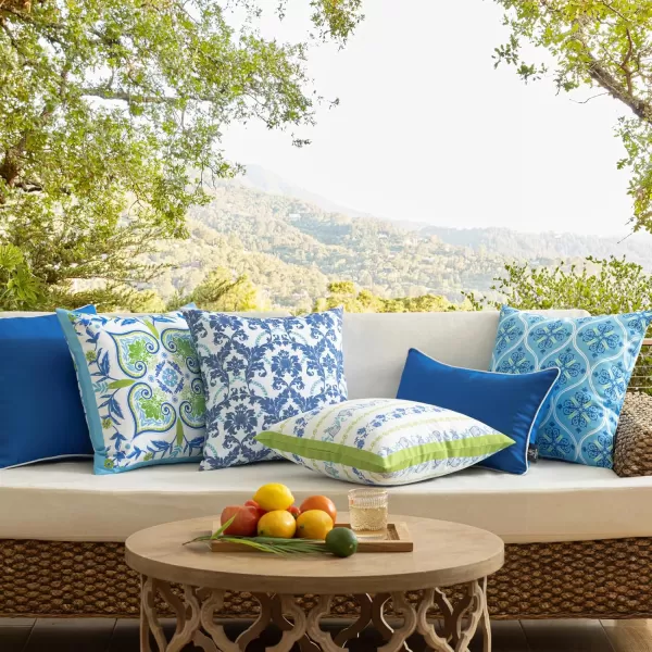 Phantoscope Pack of 4 Outdoor Pillows Waterproof Boho Geometric Outdoor Throw Pillow Covers Decorative Floral Patio Pillows Square Cushion Case for Couch Tent Sunbrella OrangeBlue 18x18 InchesBlueCyanGreen