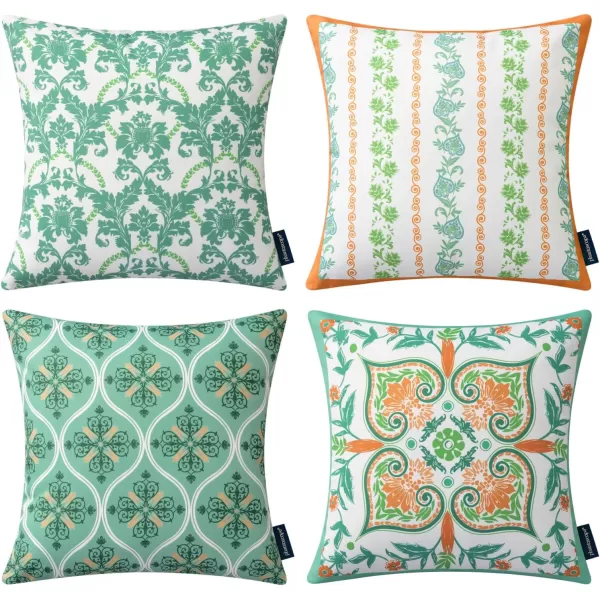Phantoscope Pack of 4 Outdoor Pillows Waterproof Boho Geometric Outdoor Throw Pillow Covers Decorative Floral Patio Pillows Square Cushion Case for Couch Tent Sunbrella OrangeBlue 18x18 InchesLight TurquoiseOrange
