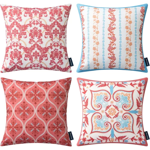 Phantoscope Pack of 4 Outdoor Pillows Waterproof Boho Geometric Outdoor Throw Pillow Covers Decorative Floral Patio Pillows Square Cushion Case for Couch Tent Sunbrella OrangeBlue 18x18 InchesPinkBlue