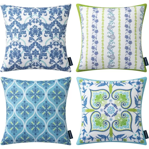 Phantoscope Pack of 4 Outdoor Pillows Waterproof Boho Geometric Outdoor Throw Pillow Covers Decorative Floral Patio Pillows Square Cushion Case for Couch Tent Sunbrella OrangeBlue 18x18 InchesBlueCyanGreen