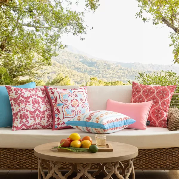 Phantoscope Pack of 4 Outdoor Pillows Waterproof Boho Geometric Outdoor Throw Pillow Covers Decorative Floral Patio Pillows Square Cushion Case for Couch Tent Sunbrella OrangeBlue 18x18 InchesPinkBlue