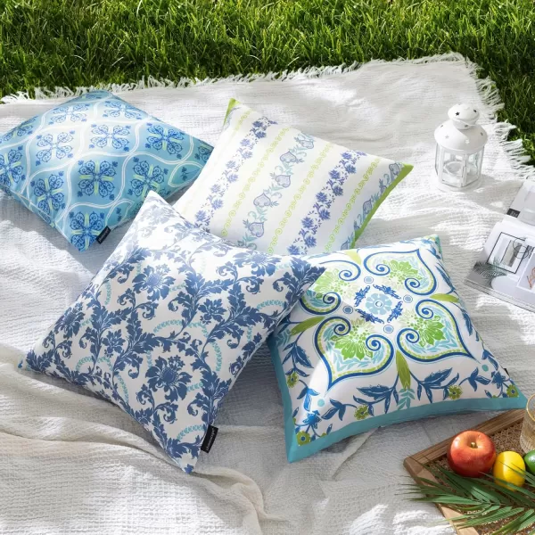 Phantoscope Pack of 4 Outdoor Pillows Waterproof Boho Geometric Outdoor Throw Pillow Covers Decorative Floral Patio Pillows Square Cushion Case for Couch Tent Sunbrella OrangeBlue 18x18 InchesBlueCyanGreen