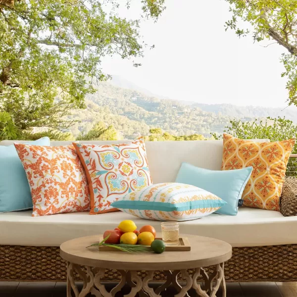 Phantoscope Pack of 4 Outdoor Pillows Waterproof Boho Geometric Outdoor Throw Pillow Covers Decorative Floral Patio Pillows Square Cushion Case for Couch Tent Sunbrella OrangeBlue 18x18 InchesOrangeBlue