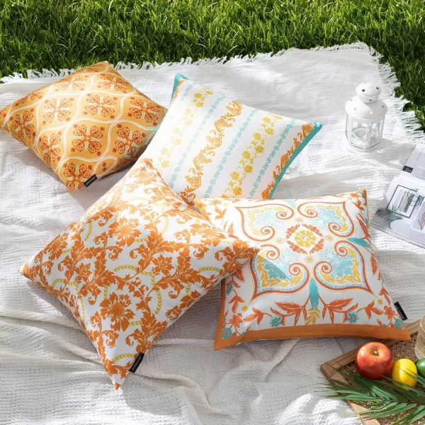 Phantoscope Pack of 4 Outdoor Pillows Waterproof Boho Geometric Outdoor Throw Pillow Covers Decorative Floral Patio Pillows Square Cushion Case for Couch Tent Sunbrella OrangeBlue 18x18 InchesOrangeBlue