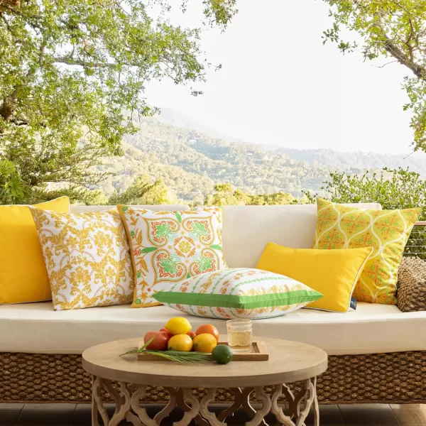 Phantoscope Pack of 4 Outdoor Pillows Waterproof Boho Geometric Outdoor Throw Pillow Covers Decorative Floral Patio Pillows Square Cushion Case for Couch Tent Sunbrella OrangeBlue 18x18 InchesYellowGreen