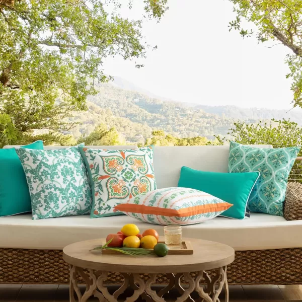 Phantoscope Pack of 4 Outdoor Pillows Waterproof Boho Geometric Outdoor Throw Pillow Covers Decorative Floral Patio Pillows Square Cushion Case for Couch Tent Sunbrella OrangeBlue 18x18 InchesLight TurquoiseOrange