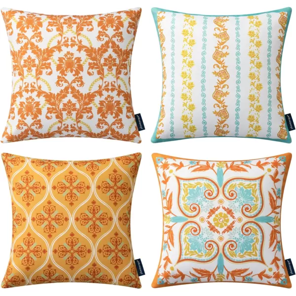 Phantoscope Pack of 4 Outdoor Pillows Waterproof Boho Geometric Outdoor Throw Pillow Covers Decorative Floral Patio Pillows Square Cushion Case for Couch Tent Sunbrella OrangeBlue 18x18 InchesOrangeBlue
