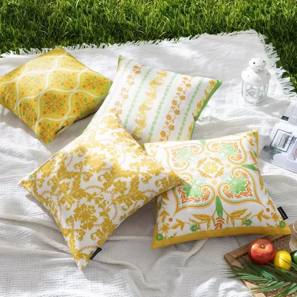 Phantoscope Pack of 4 Outdoor Pillows Waterproof Boho Geometric Outdoor Throw Pillow Covers Decorative Floral Patio Pillows Square Cushion Case for Couch Tent Sunbrella OrangeBlue 18x18 InchesYellowGreen