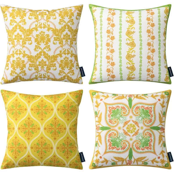 Phantoscope Pack of 4 Outdoor Pillows Waterproof Boho Geometric Outdoor Throw Pillow Covers Decorative Floral Patio Pillows Square Cushion Case for Couch Tent Sunbrella OrangeBlue 18x18 InchesYellowGreen