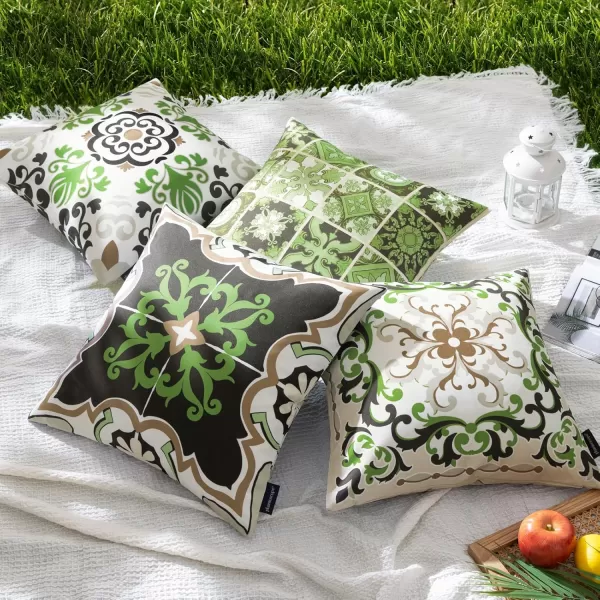 Phantoscope Set of 4 Outdoor Waterproof Throw Pillow CoversGeometric Decorative Boho Farmhouse Outdoor Pillows Cushion Case for Home Patio Furnitures Tent Sunbrella Blue and Green 18x18 InchesBlackOlive Green