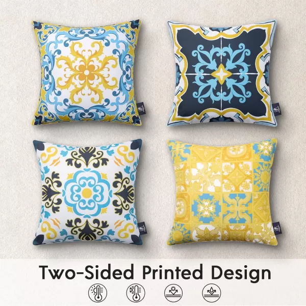 Phantoscope Set of 4 Outdoor Waterproof Throw Pillow CoversGeometric Decorative Boho Farmhouse Outdoor Pillows Cushion Case for Home Patio Furnitures Tent Sunbrella Blue and Green 18x18 InchesNavyBlueYellow