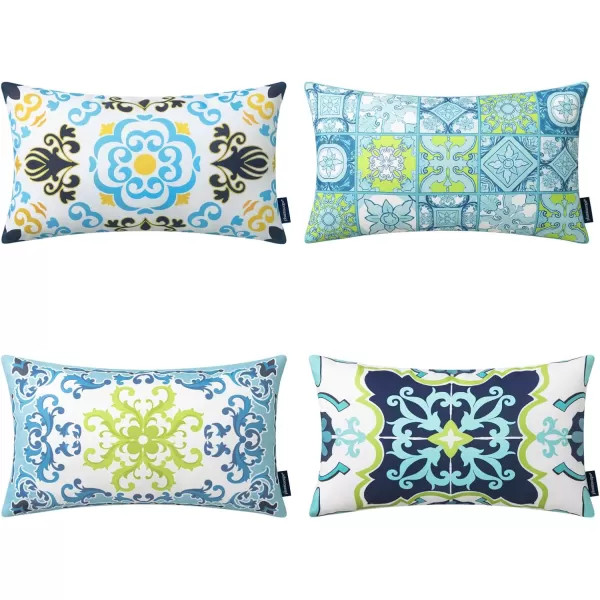Phantoscope Set of 4 Outdoor Waterproof Throw Pillow CoversGeometric Decorative Boho Farmhouse Outdoor Pillows Cushion Case for Home Patio Furnitures Tent Sunbrella Blue and Green 18x18 InchesNavyBlueGreen