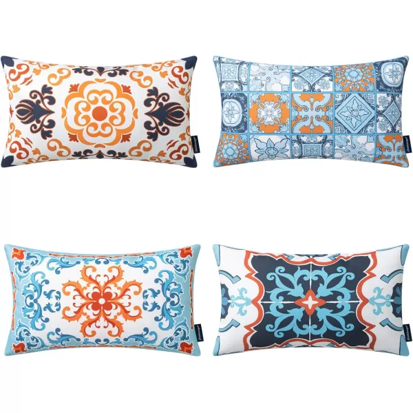 Phantoscope Set of 4 Outdoor Waterproof Throw Pillow CoversGeometric Decorative Boho Farmhouse Outdoor Pillows Cushion Case for Home Patio Furnitures Tent Sunbrella Blue and Green 18x18 InchesNavyBlueOrange