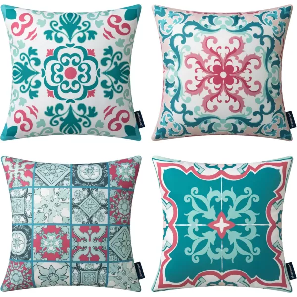 Phantoscope Set of 4 Outdoor Waterproof Throw Pillow CoversGeometric Decorative Boho Farmhouse Outdoor Pillows Cushion Case for Home Patio Furnitures Tent Sunbrella Blue and Green 18x18 InchesTealPink