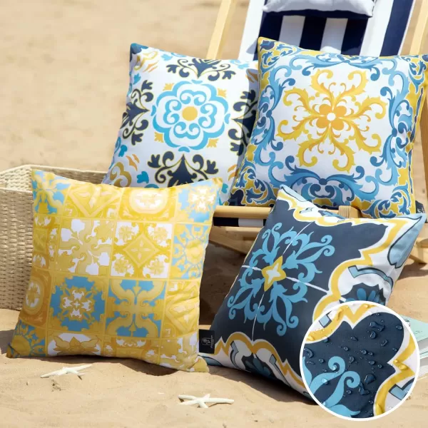 Phantoscope Set of 4 Outdoor Waterproof Throw Pillow CoversGeometric Decorative Boho Farmhouse Outdoor Pillows Cushion Case for Home Patio Furnitures Tent Sunbrella Blue and Green 18x18 InchesNavyBlueYellow