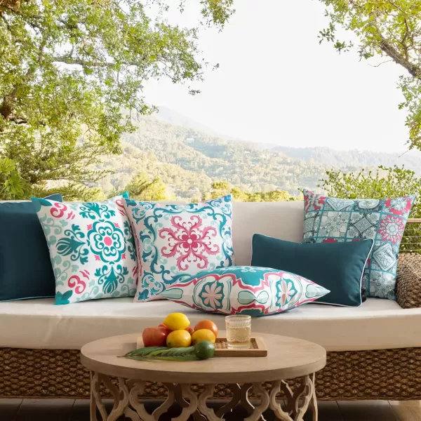 Phantoscope Set of 4 Outdoor Waterproof Throw Pillow CoversGeometric Decorative Boho Farmhouse Outdoor Pillows Cushion Case for Home Patio Furnitures Tent Sunbrella Blue and Green 18x18 InchesTealPink