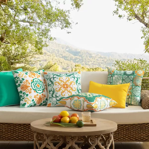 Phantoscope Set of 4 Outdoor Waterproof Throw Pillow CoversGeometric Decorative Boho Farmhouse Outdoor Pillows Cushion Case for Home Patio Furnitures Tent Sunbrella Blue and Green 18x18 InchesTurquoiseOrange