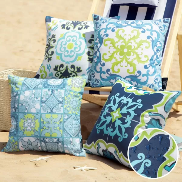Phantoscope Set of 4 Outdoor Waterproof Throw Pillow CoversGeometric Decorative Boho Farmhouse Outdoor Pillows Cushion Case for Home Patio Furnitures Tent Sunbrella Blue and Green 18x18 InchesNavyBlueGreen
