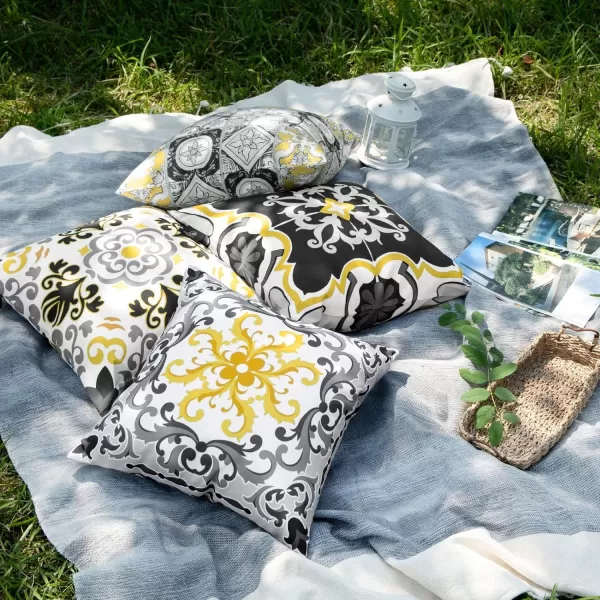 Phantoscope Set of 4 Outdoor Waterproof Throw Pillow CoversGeometric Decorative Boho Farmhouse Outdoor Pillows Cushion Case for Home Patio Furnitures Tent Sunbrella Blue and Green 18x18 InchesBlackGreyYellow