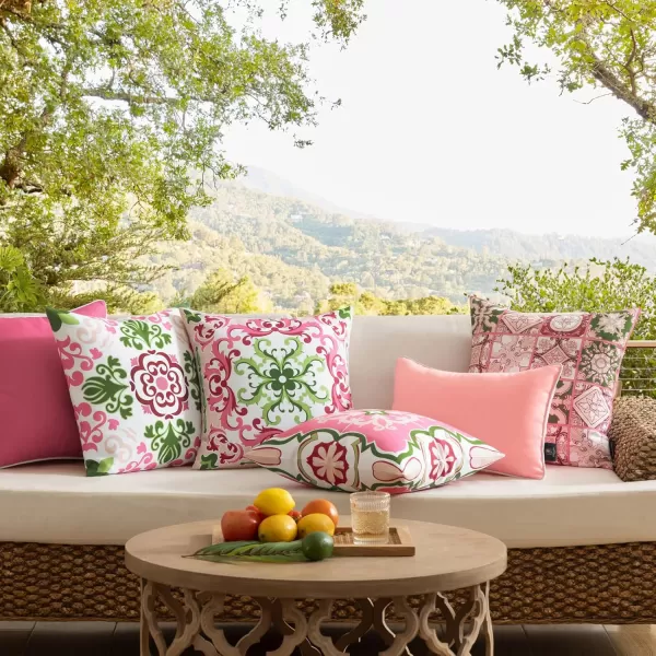 Phantoscope Set of 4 Outdoor Waterproof Throw Pillow CoversGeometric Decorative Boho Farmhouse Outdoor Pillows Cushion Case for Home Patio Furnitures Tent Sunbrella Blue and Green 18x18 InchesPinkGreen Fig