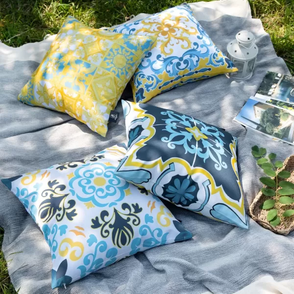 Phantoscope Set of 4 Outdoor Waterproof Throw Pillow CoversGeometric Decorative Boho Farmhouse Outdoor Pillows Cushion Case for Home Patio Furnitures Tent Sunbrella Blue and Green 18x18 InchesNavyBlueYellow