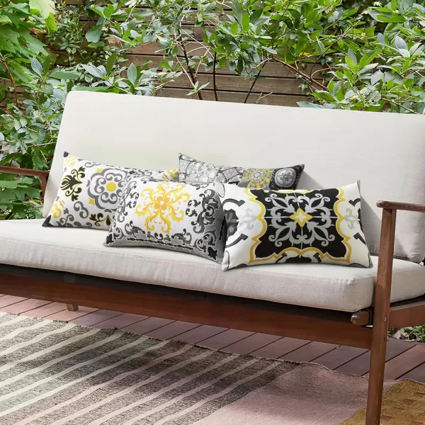 Phantoscope Set of 4 Outdoor Waterproof Throw Pillow CoversGeometric Decorative Boho Farmhouse Outdoor Pillows Cushion Case for Home Patio Furnitures Tent Sunbrella Blue and Green 18x18 InchesBlackGreyYellow