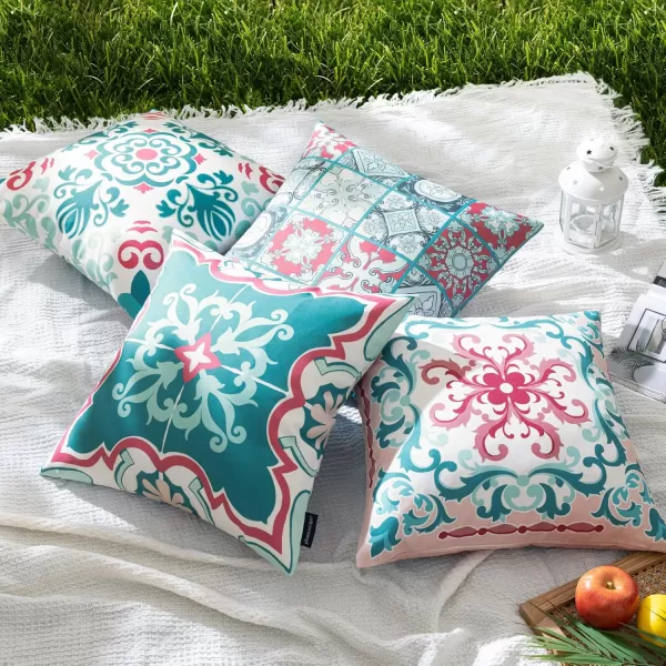 Phantoscope Set of 4 Outdoor Waterproof Throw Pillow CoversGeometric Decorative Boho Farmhouse Outdoor Pillows Cushion Case for Home Patio Furnitures Tent Sunbrella Blue and Green 18x18 InchesTealPink