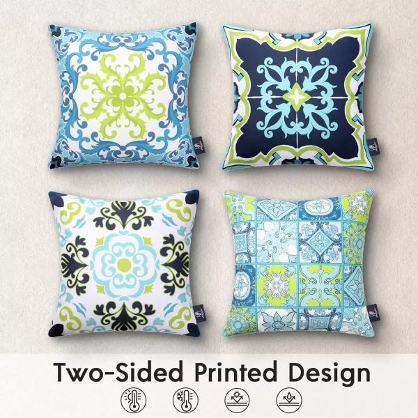 Phantoscope Set of 4 Outdoor Waterproof Throw Pillow CoversGeometric Decorative Boho Farmhouse Outdoor Pillows Cushion Case for Home Patio Furnitures Tent Sunbrella Blue and Green 18x18 InchesNavyBlueGreen