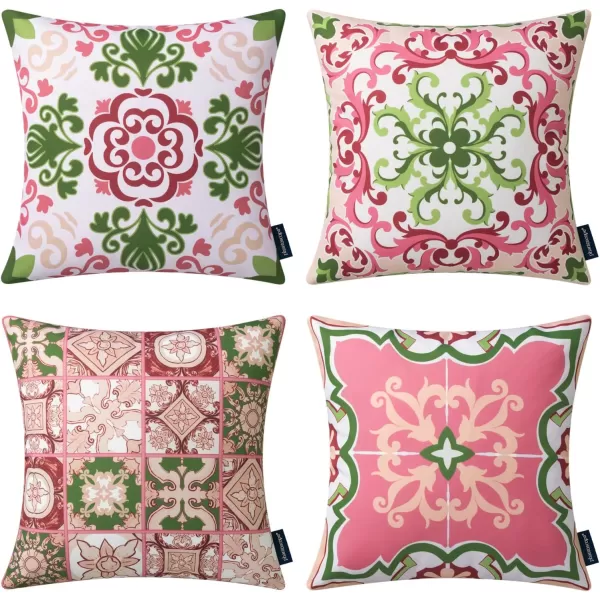 Phantoscope Set of 4 Outdoor Waterproof Throw Pillow CoversGeometric Decorative Boho Farmhouse Outdoor Pillows Cushion Case for Home Patio Furnitures Tent Sunbrella Blue and Green 18x18 InchesPinkGreen Fig