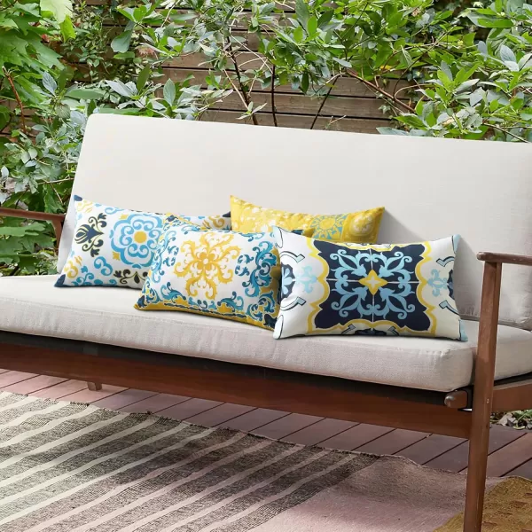 Phantoscope Set of 4 Outdoor Waterproof Throw Pillow CoversGeometric Decorative Boho Farmhouse Outdoor Pillows Cushion Case for Home Patio Furnitures Tent Sunbrella Blue and Green 18x18 InchesNavyBlueYellow