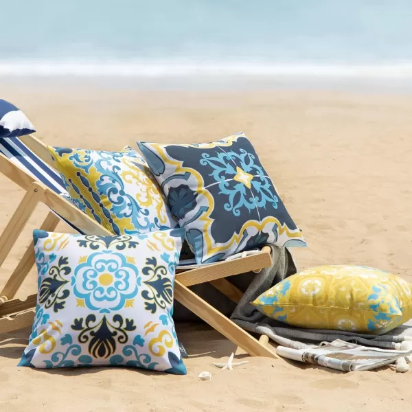 Phantoscope Set of 4 Outdoor Waterproof Throw Pillow CoversGeometric Decorative Boho Farmhouse Outdoor Pillows Cushion Case for Home Patio Furnitures Tent Sunbrella Blue and Green 18x18 InchesNavyBlueYellow