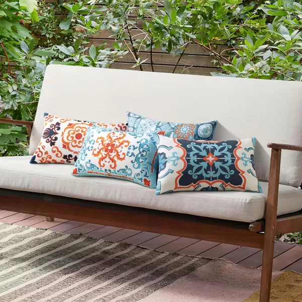 Phantoscope Set of 4 Outdoor Waterproof Throw Pillow CoversGeometric Decorative Boho Farmhouse Outdoor Pillows Cushion Case for Home Patio Furnitures Tent Sunbrella Blue and Green 18x18 InchesNavyBlueOrange